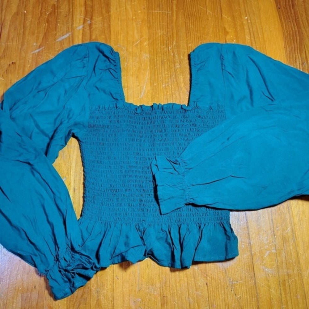 NWT BP Womens S Smocked Puff Sleeve Top Green Rayon Cottagecore Boho